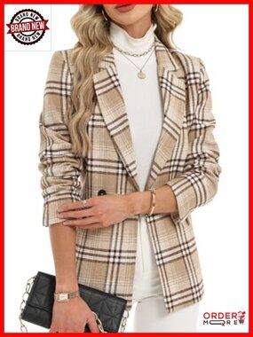 Women's Double-Breasted Tweed Blazer with Pockets Fully Lined
